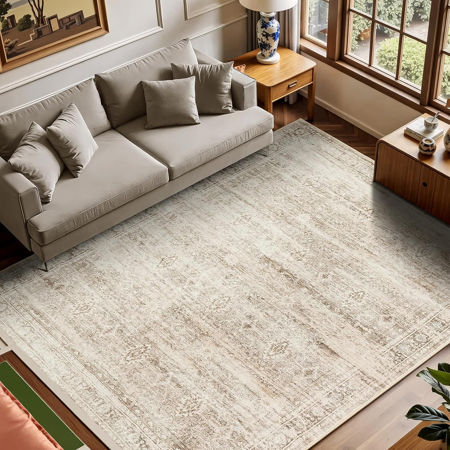 Green Washable Boho Area Rug
