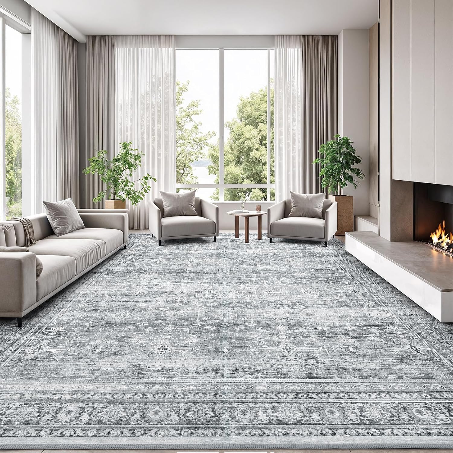 Green Washable Boho Area Rug