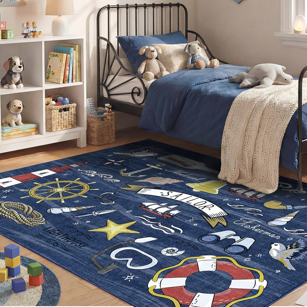 Navy Gold Washable Area Rug