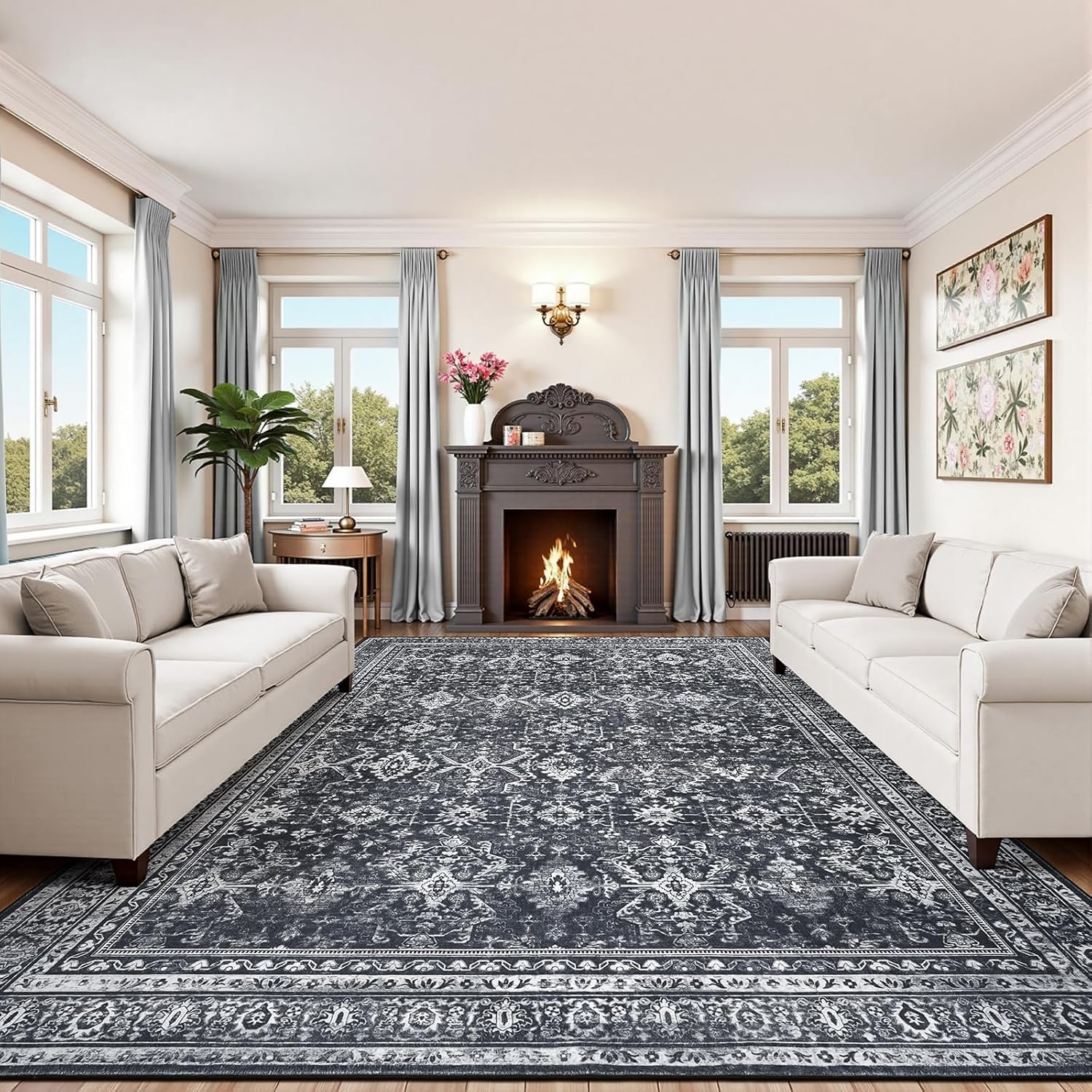 Green Washable Boho Area Rug