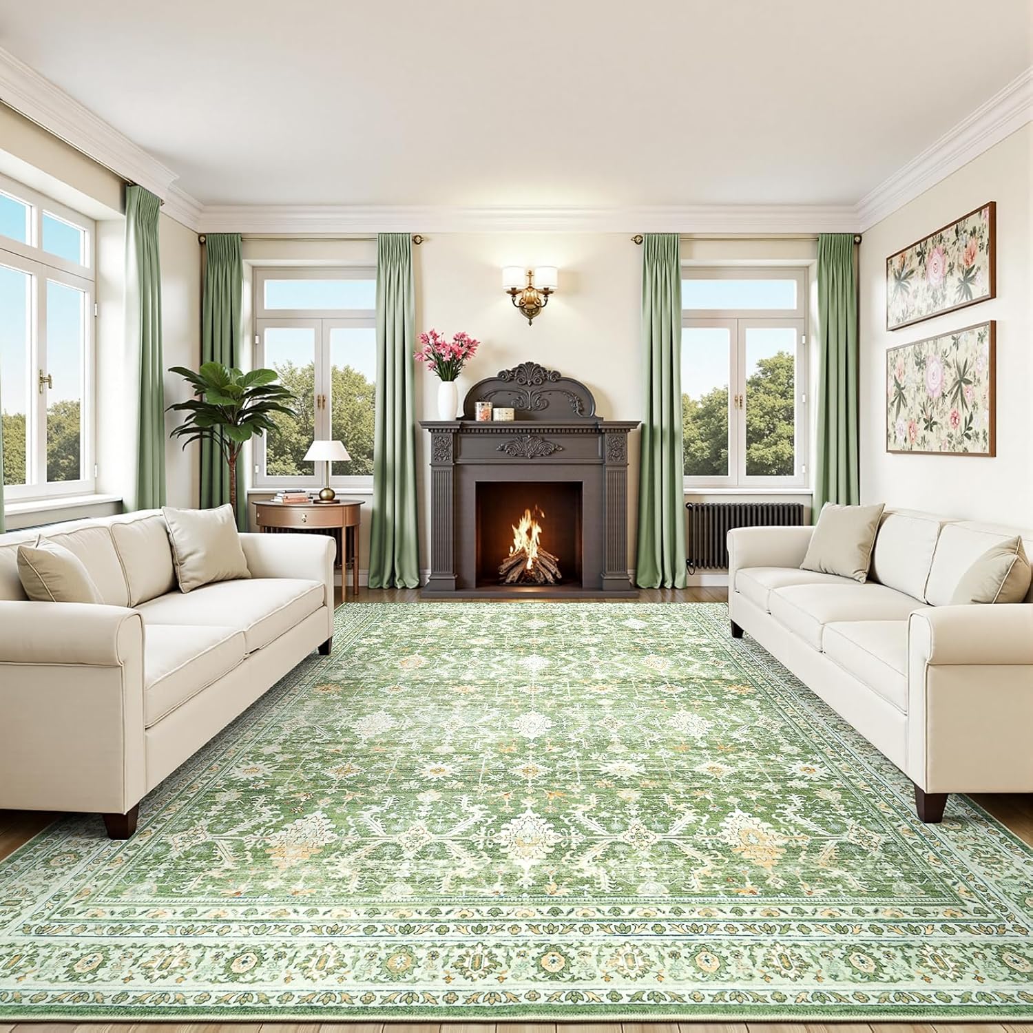 Green Washable Boho Area Rug