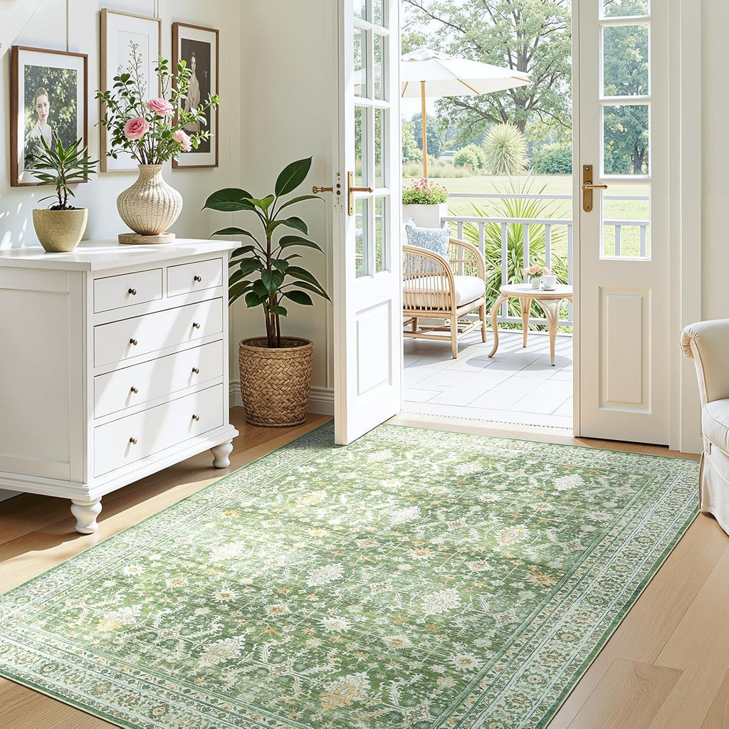 Green Washable Boho Area Rug