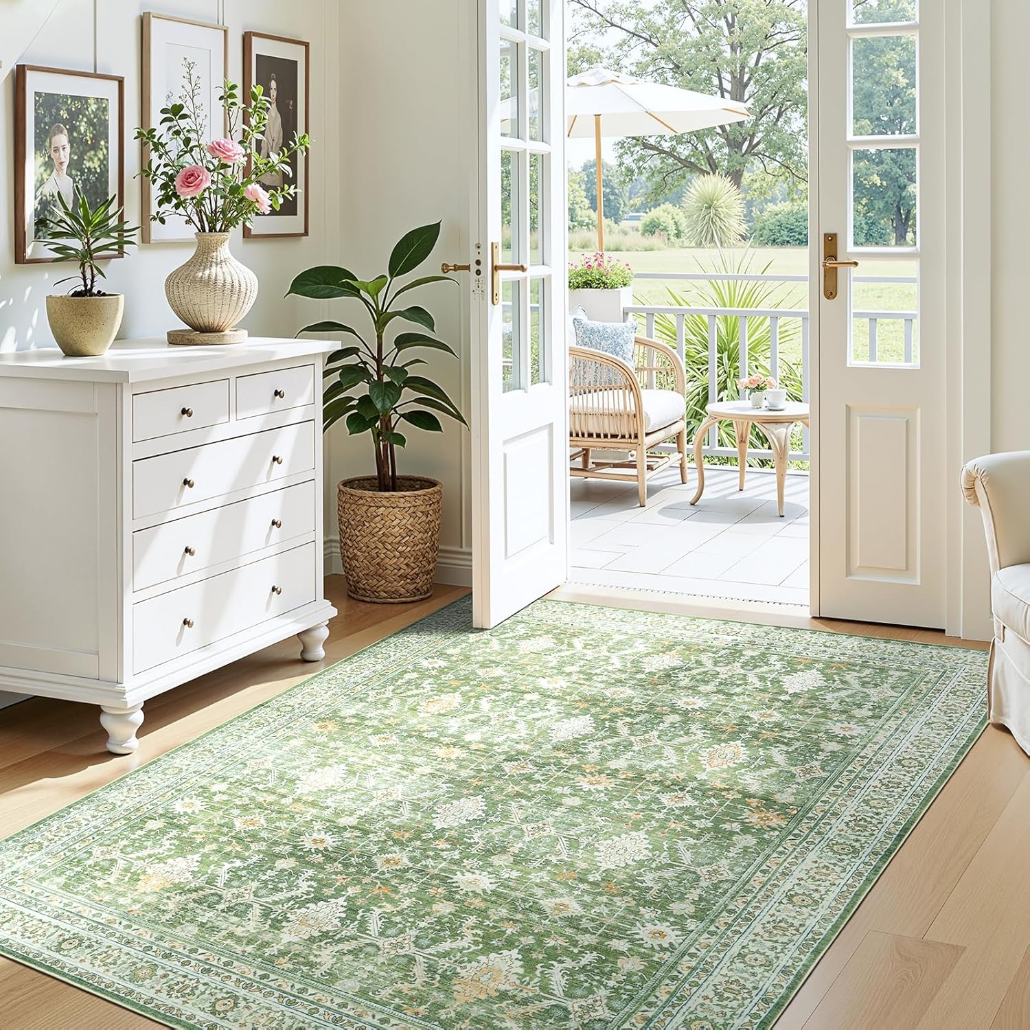 Green Washable Boho Area Rug
