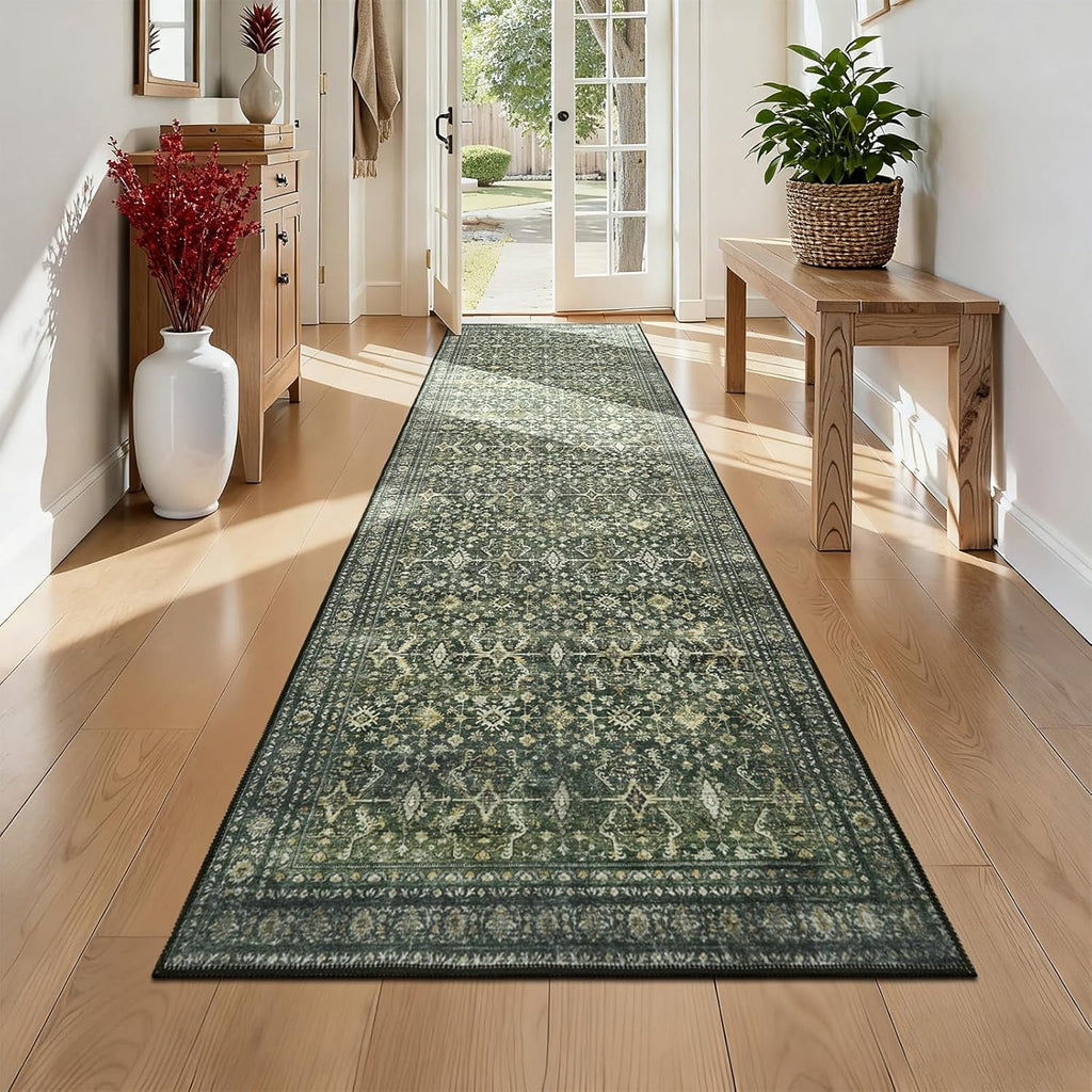 Green Washable Boho Area Rug