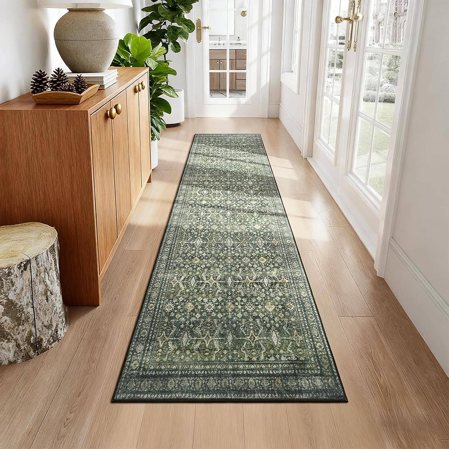 Green Washable Boho Area Rug