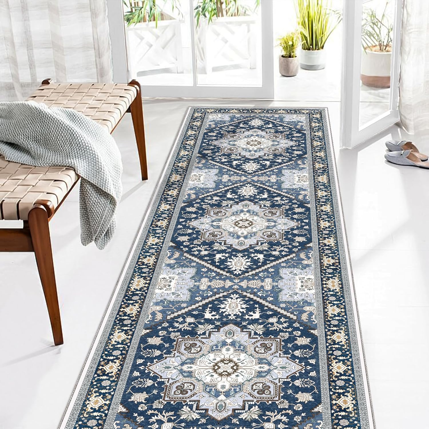 Navy Gold Washable Area Rug