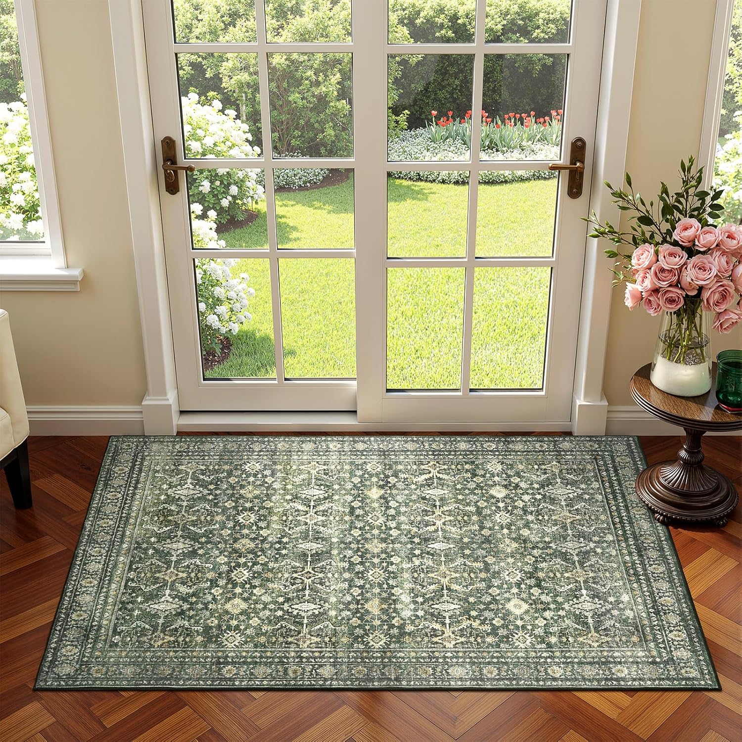 Green Washable Boho Area Rug