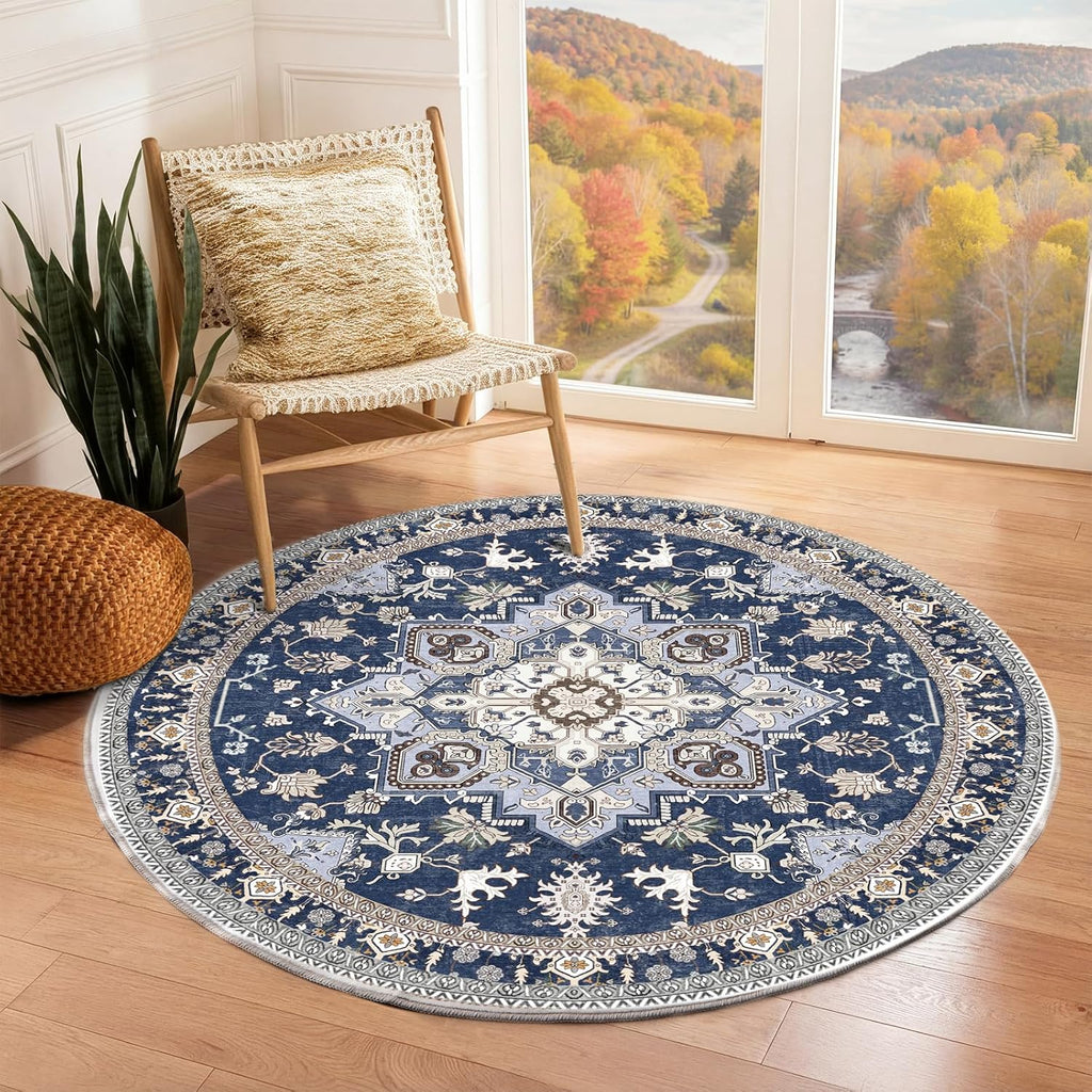 Navy Gold Washable Area Rug