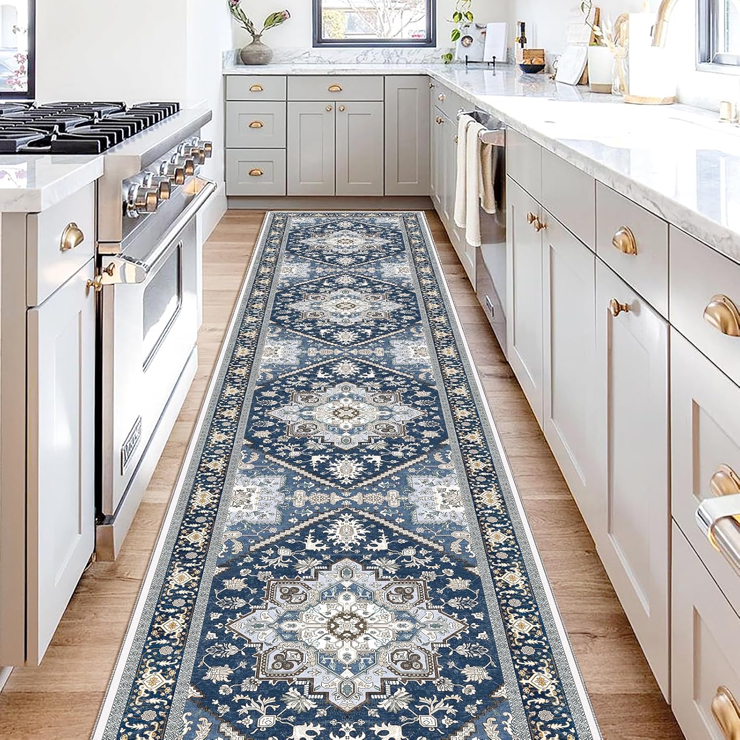 Navy Gold Washable Area Rug