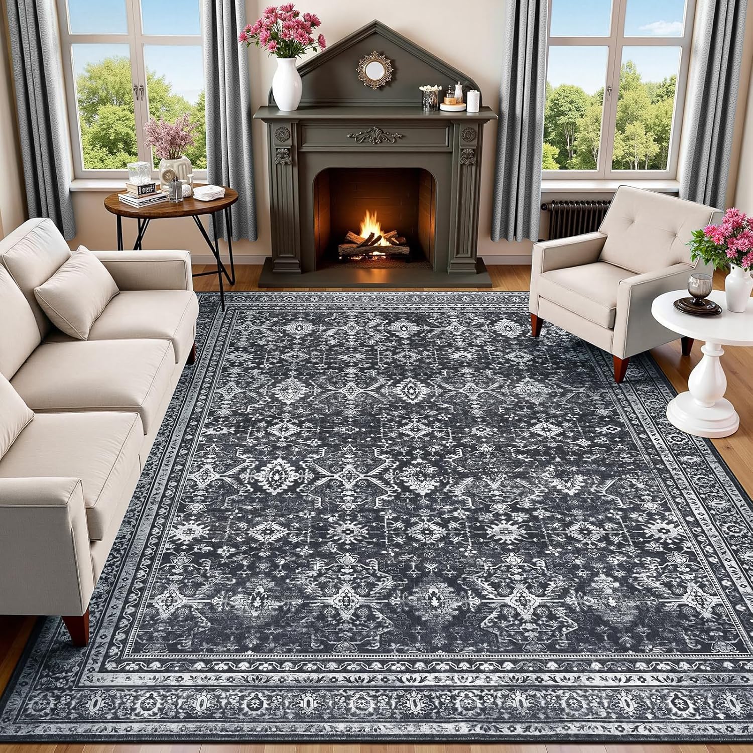 Green Washable Boho Area Rug