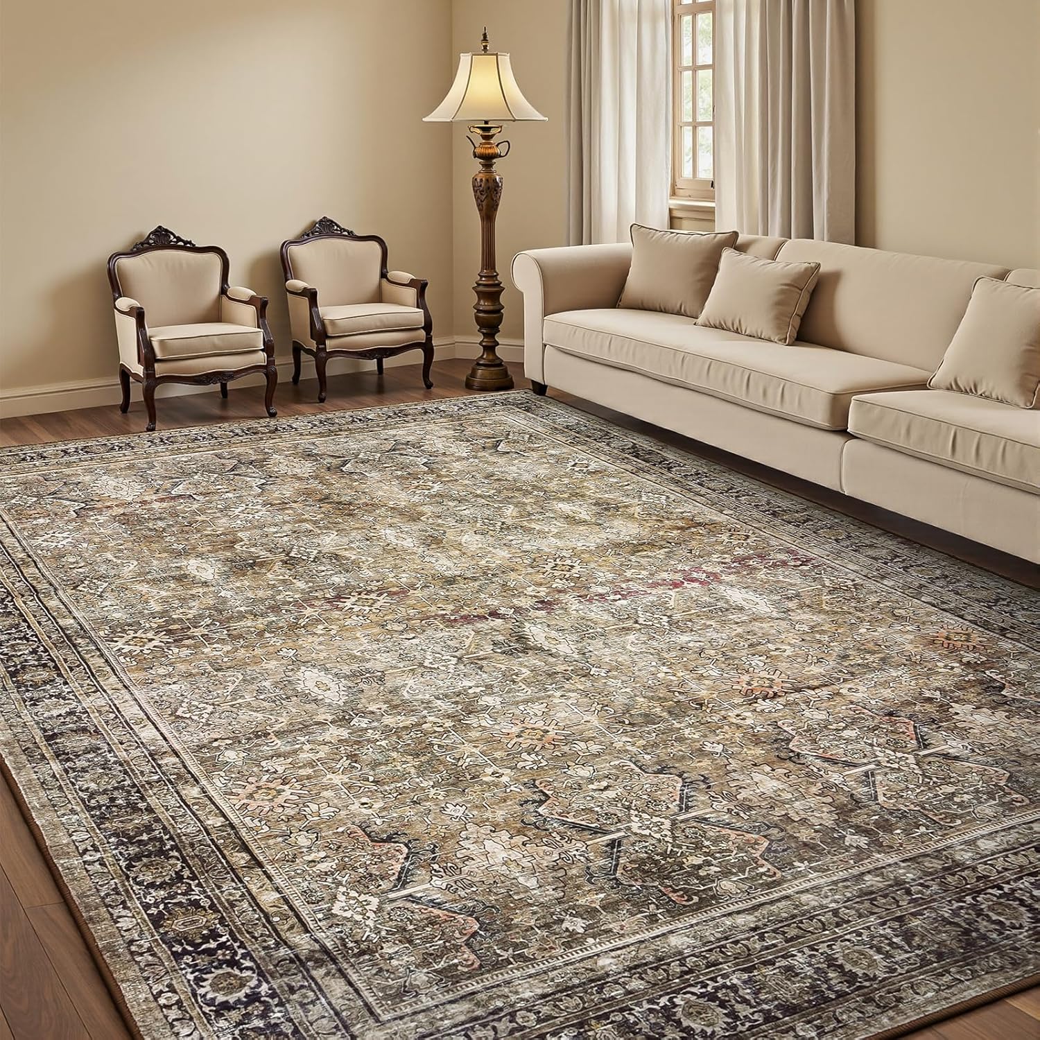 Green Washable Boho Area Rug