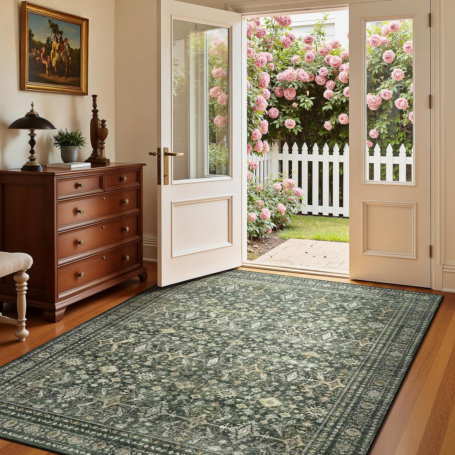 Green Washable Boho Area Rug