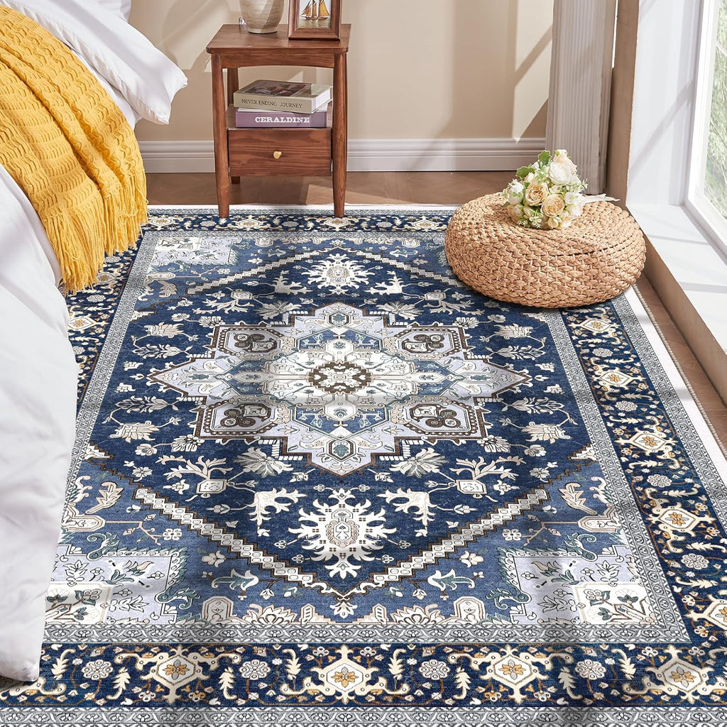 Navy Gold Washable Area Rug