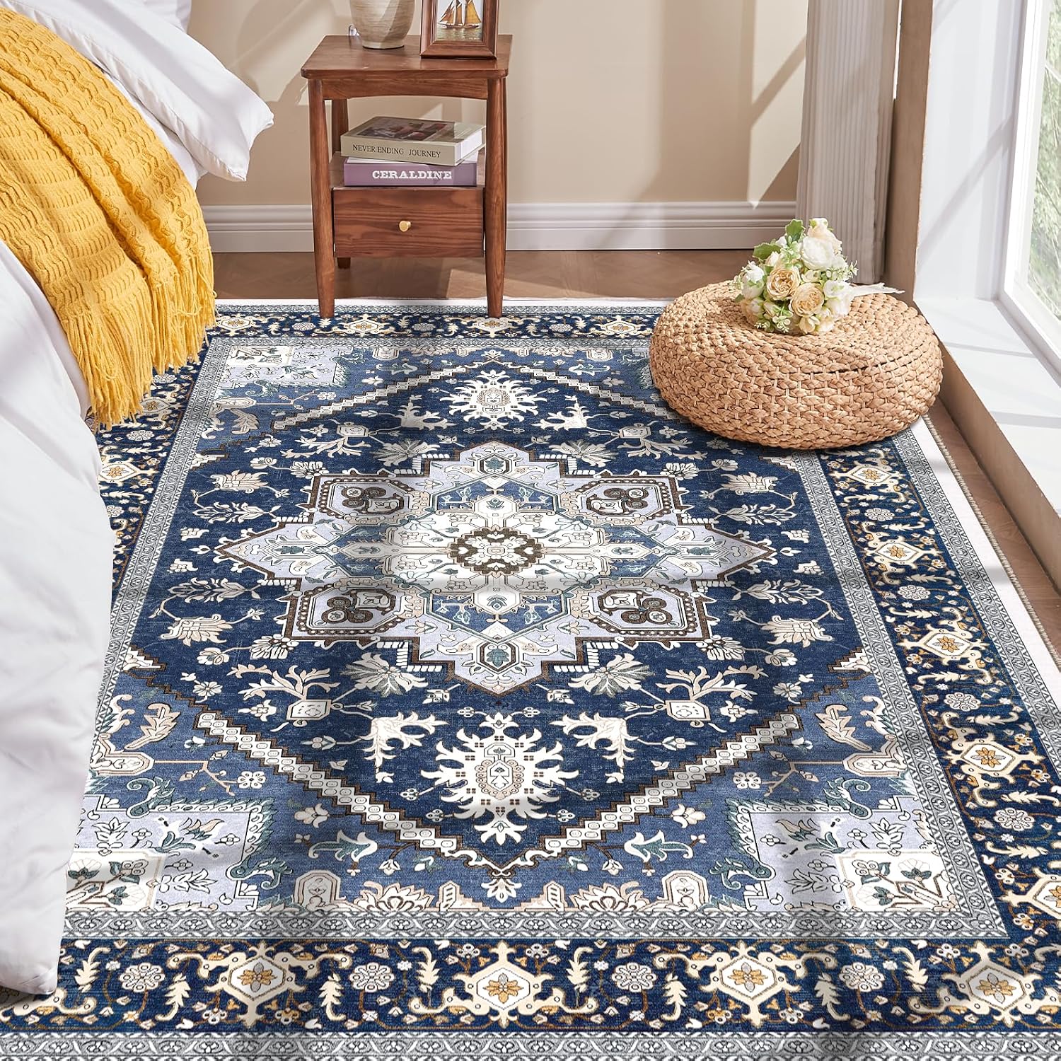 Navy Gold Washable Area Rug
