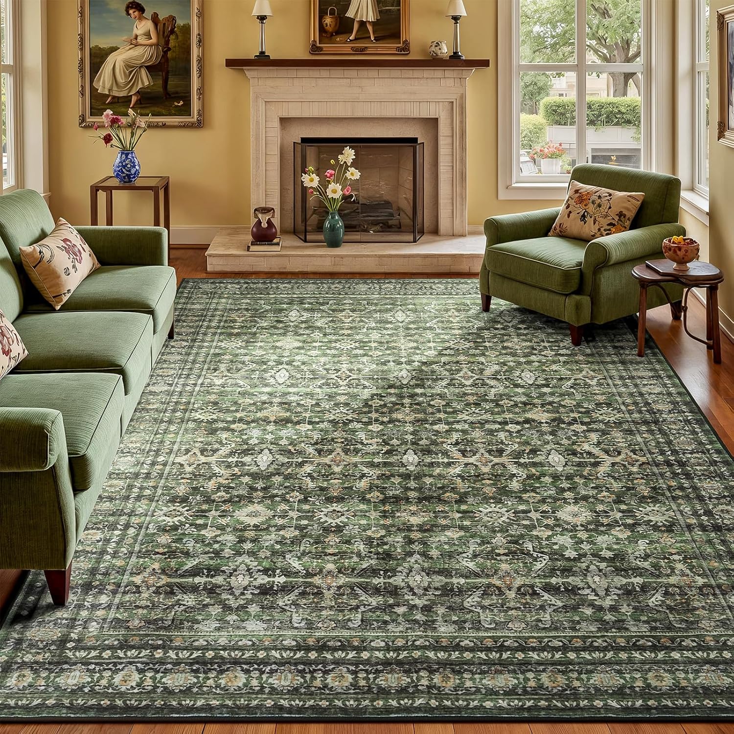 Green Washable Boho Area Rug