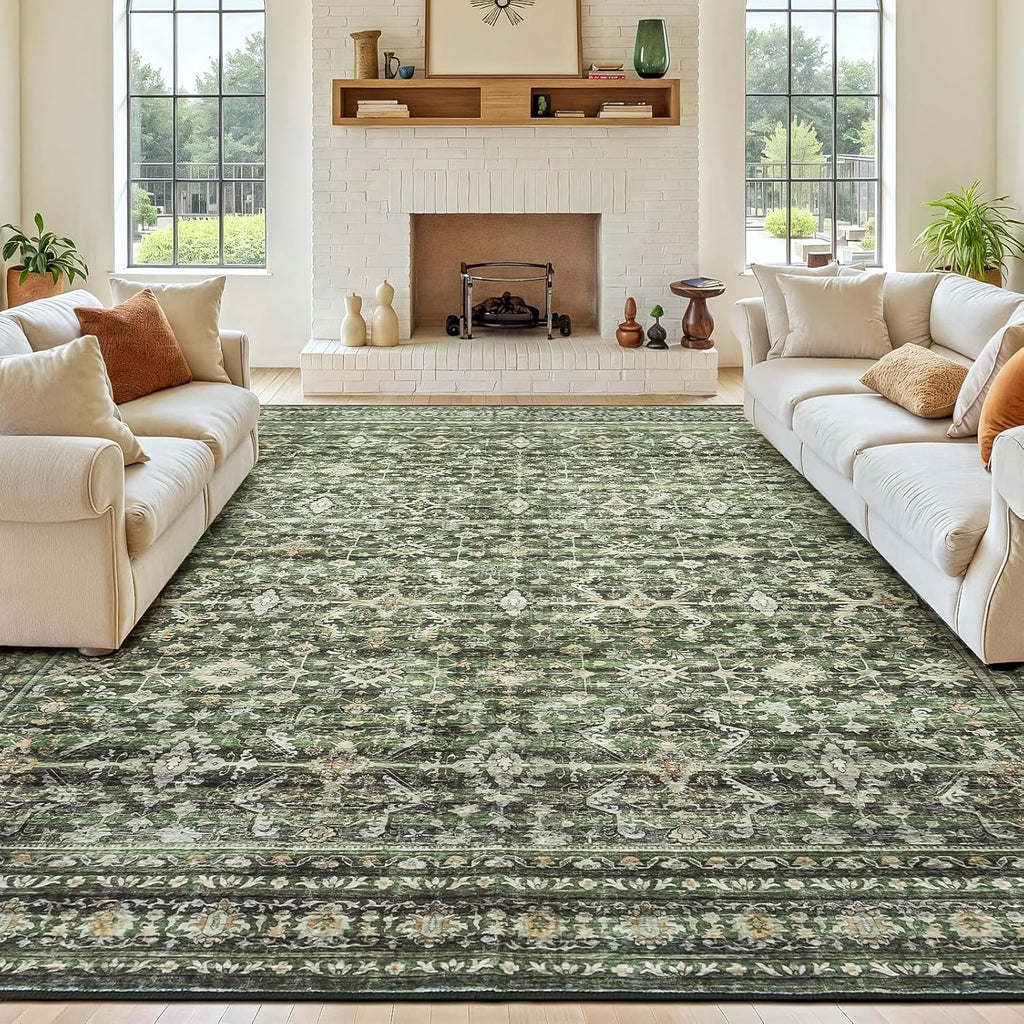 Green Washable Boho Area Rug