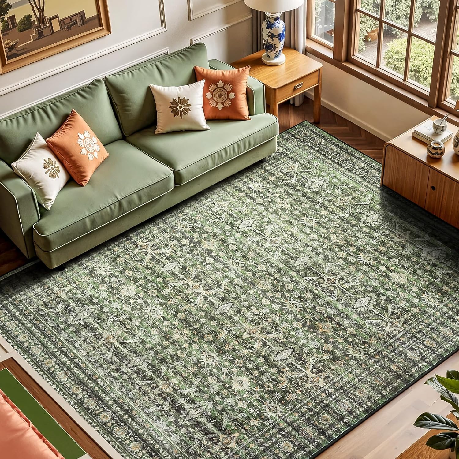Green Washable Boho Area Rug