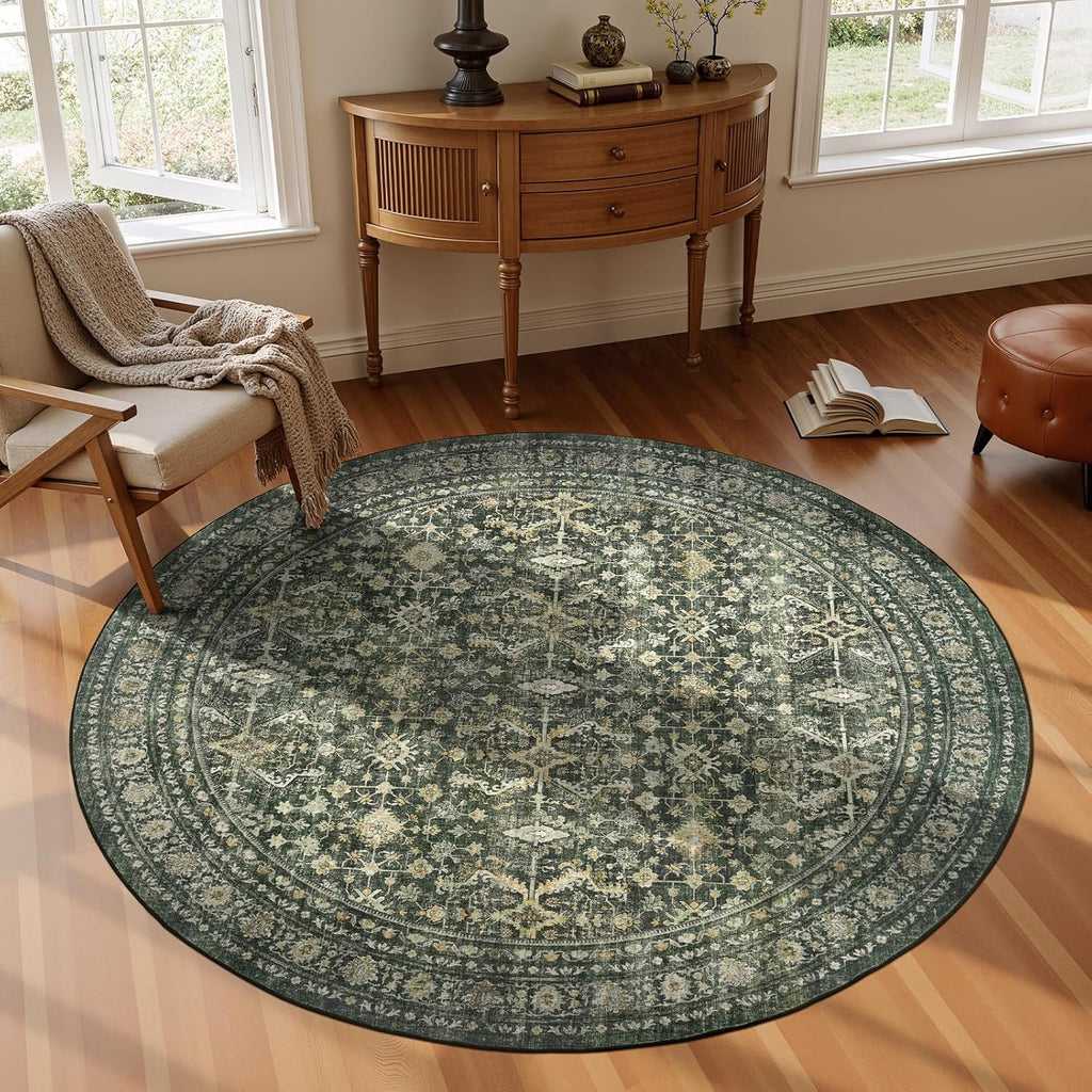 Green Washable Boho Area Rug