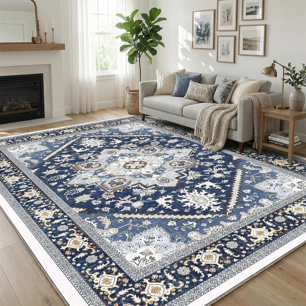 Navy Gold Washable Area Rug