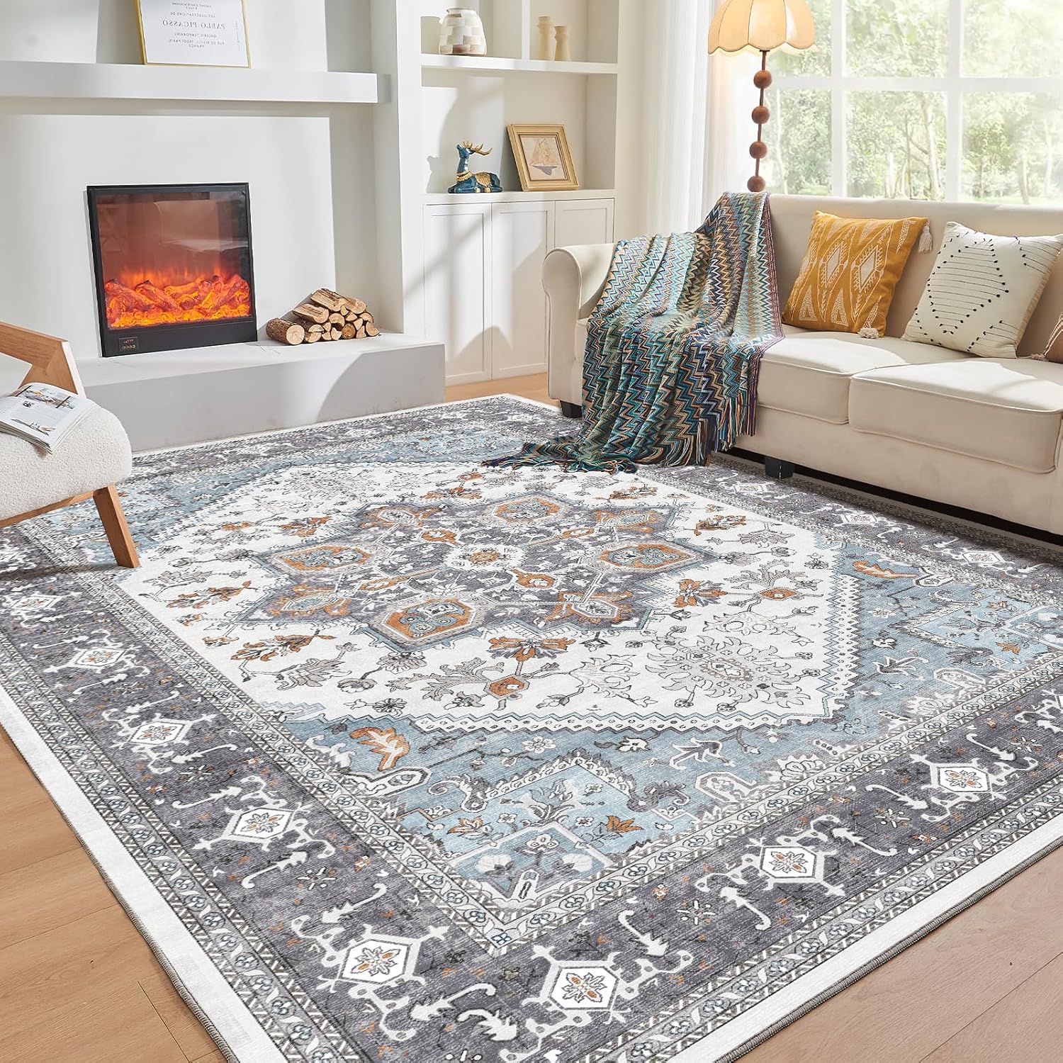 Navy Gold Washable Area Rug