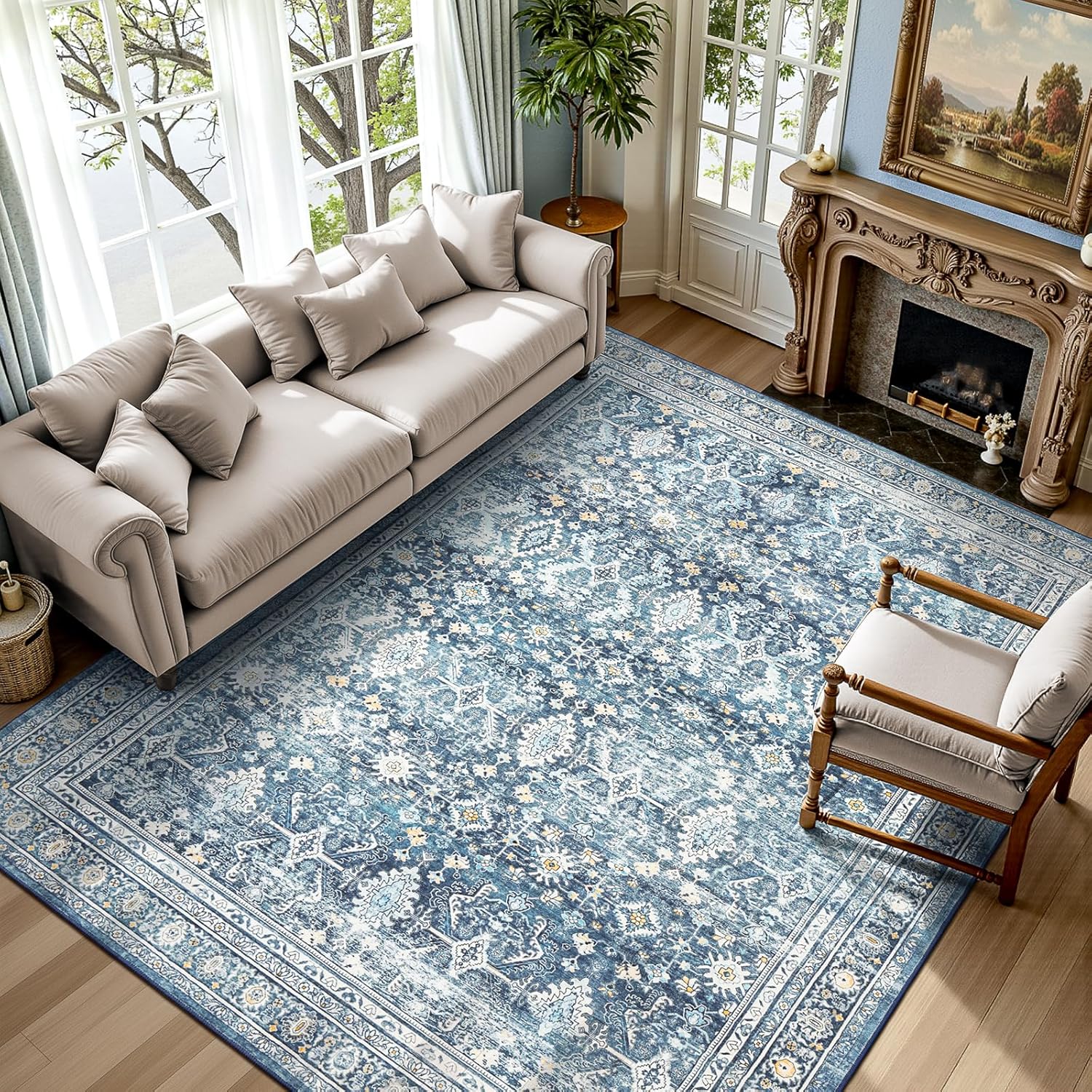 Green Washable Boho Area Rug