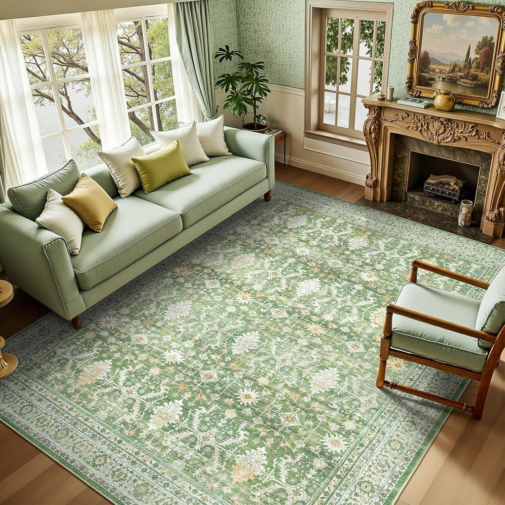 Green Washable Boho Area Rug
