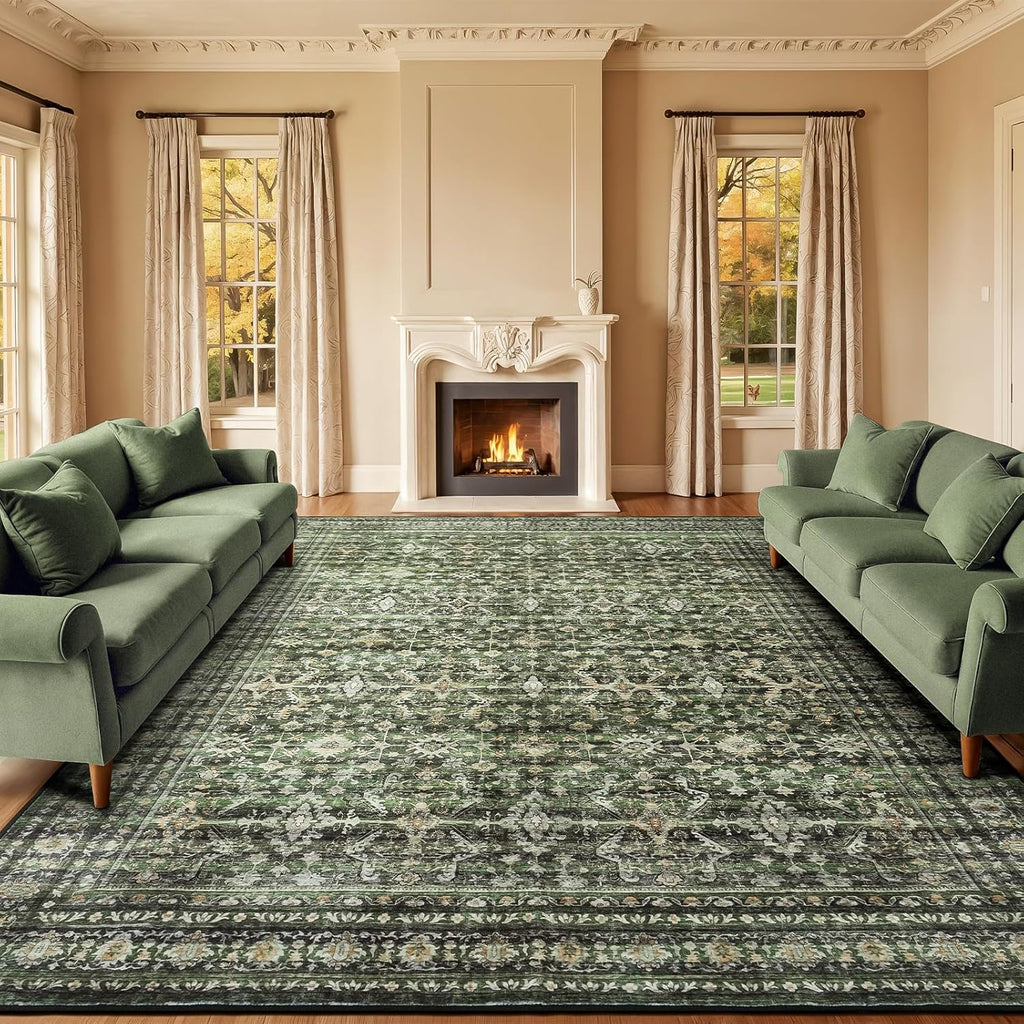 Green Washable Boho Area Rug