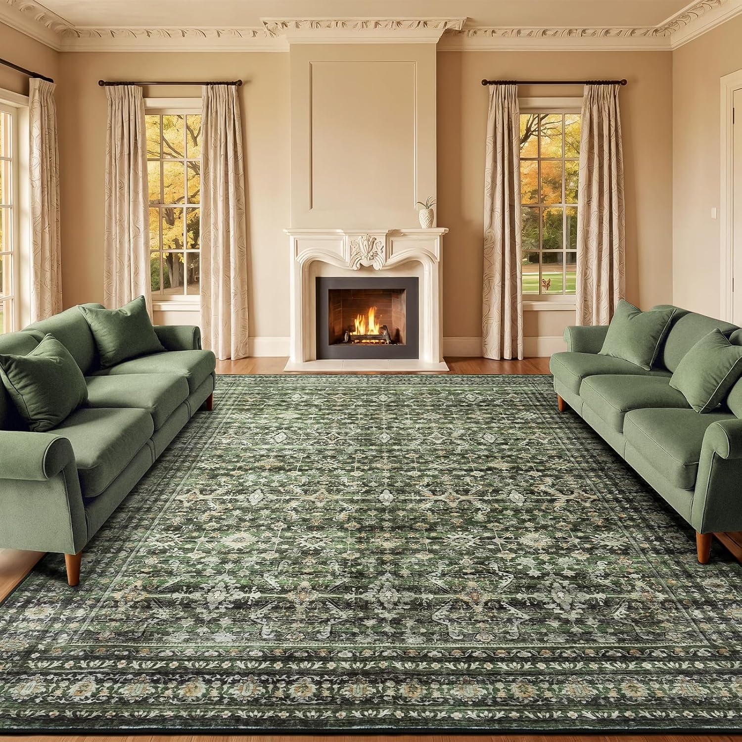Green Washable Boho Area Rug