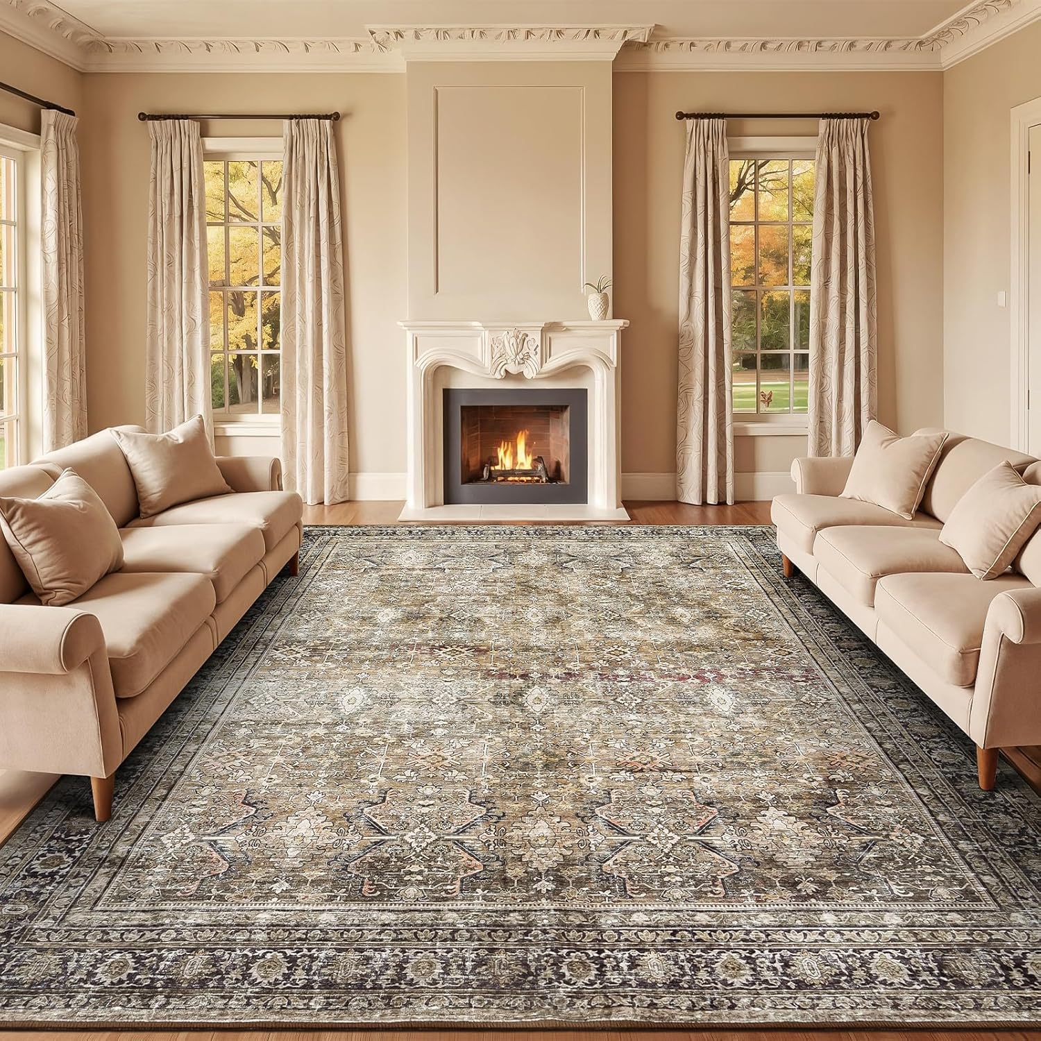Green Washable Boho Area Rug