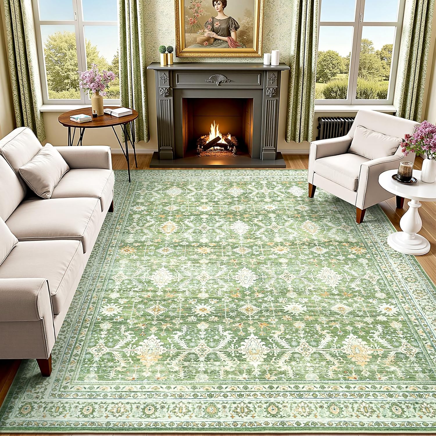 Green Washable Boho Area Rug
