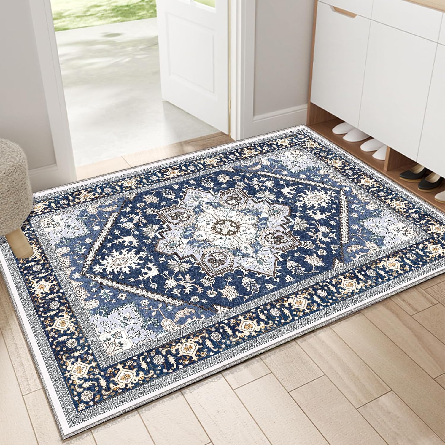 Navy Gold Washable Area Rug