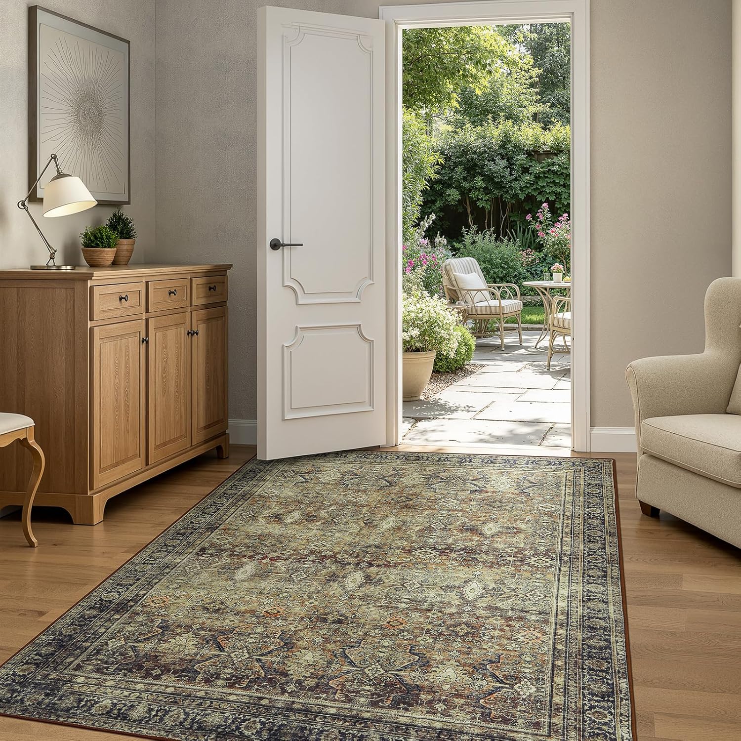 Green Washable Boho Area Rug