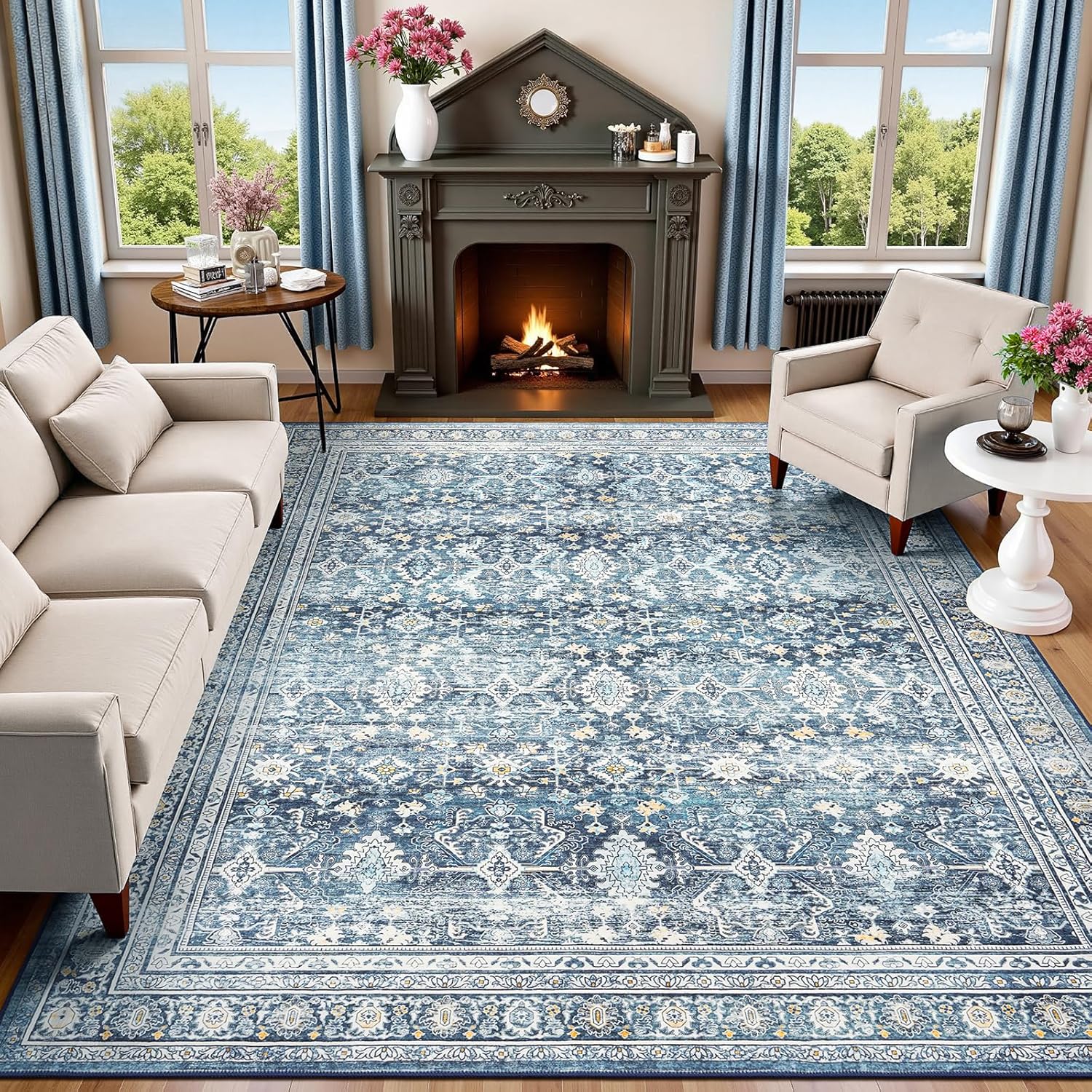 Green Washable Boho Area Rug