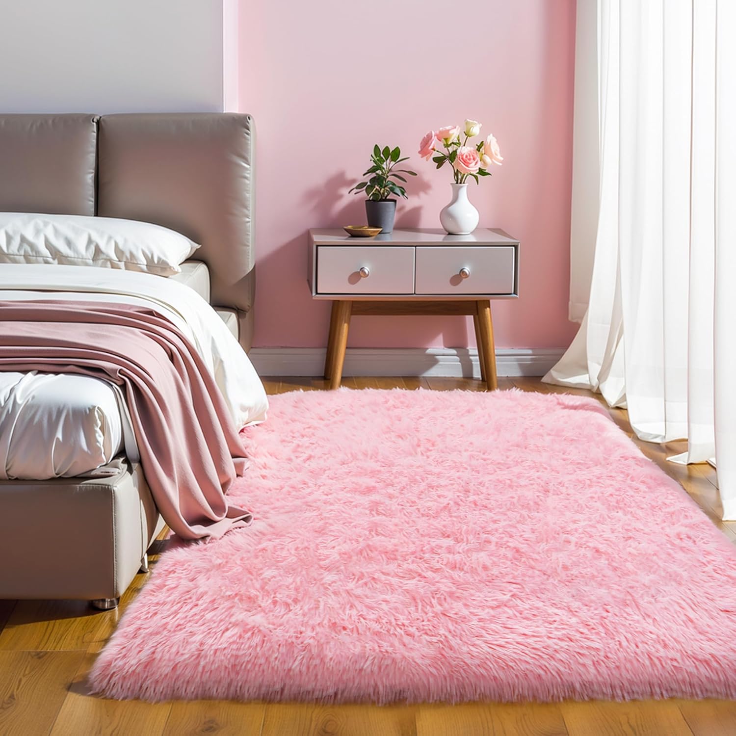 Pink Fluffy Shag Area Rug